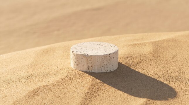 A circular white stone podium placed on soft golden desert sand with a long dark shadow