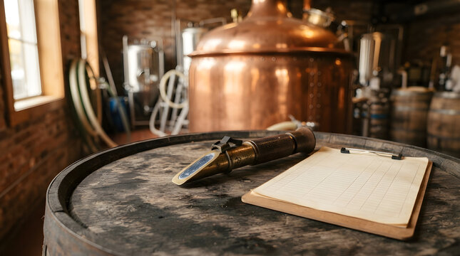 Brass refractometer on oak barrel isolated
