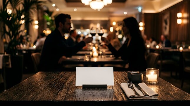 Blank white card on a wooden table in a dimly lit romantic restaurant