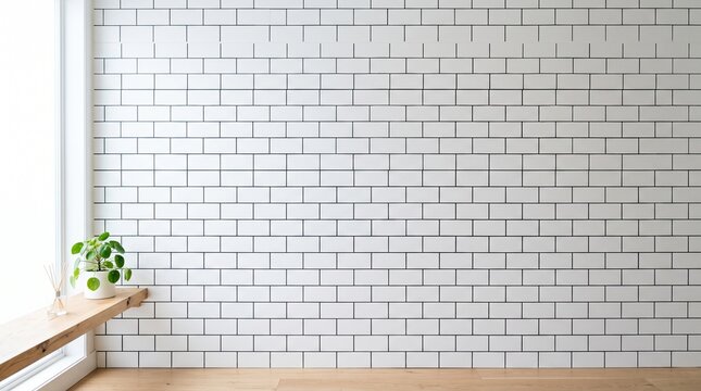 Modern interior room featuring a white wall with black geometric grid lines and a small plant