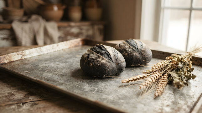 Charcoal sourdough rolls on baki isolated clean