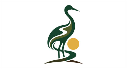 Fototapeta premium Elegant Crane Bird Silhouette with Abstract River and Sun Symbol.