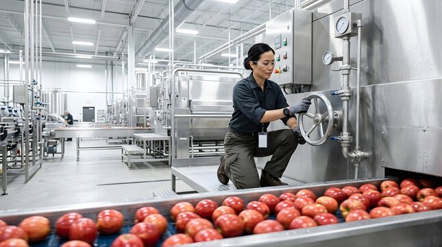 Female technician operating industrial machinery in a food processing plant