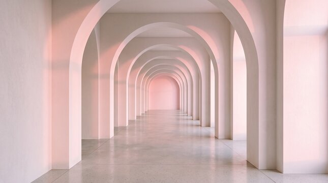 A long empty corridor with repeating architectural arches creating a sense of depth and infinite perspective