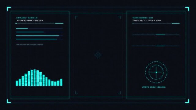 Futuristic HUD interface with glowing cyan dot bar graph and radar, cyber data visualization
