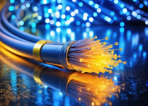 High-tech fiber optic cable with glowing blue and yellow lights in a futuristic environment