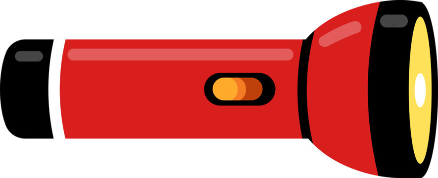 Red handheld flashlight with yellow beam lens and dark gray accents isolated