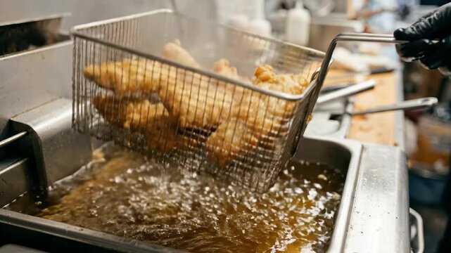 Chef Frying Crispy Chicken Pieces in Bubbling Hot Oil Close Up Shot of Cooking Process