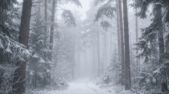 A person in a red jacket standing alone on a snowy path inside a foggy forest