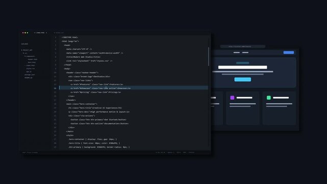 Programmer scrolling html css code in editor, website development, coding process, programming