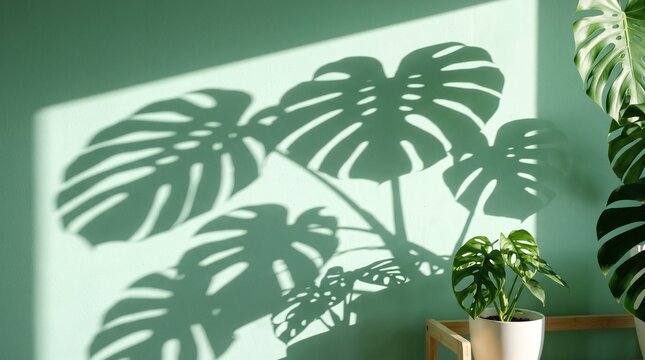 A beautiful monstera plant casting a dramatic leaf shadow on a solid sage green interior wall