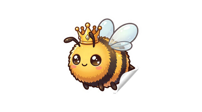 Cute queen bee sticker with gold crown, fluffy bumblebee character on white background, kawaii honey bee illustration for kids