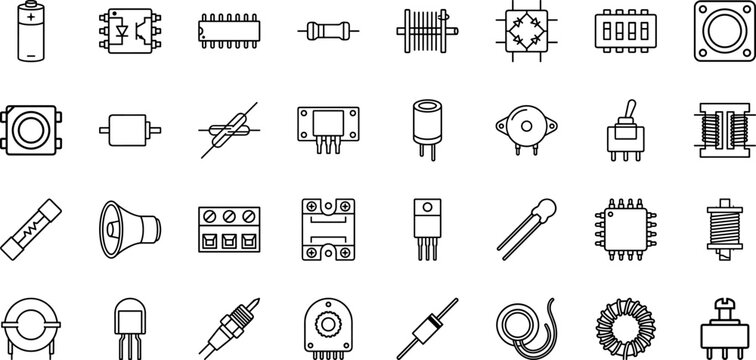 Electrical components electronic circuit parts line icon set. Vector pictograms of resistor, capacitor, diode, and transistor elements, thin linear illustration.