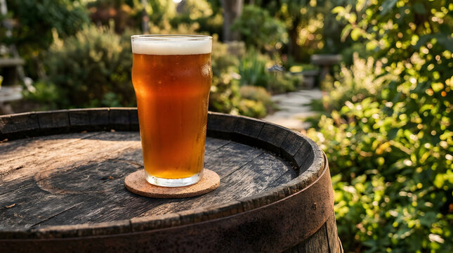 Glass of ale on barrel isolated clean surface