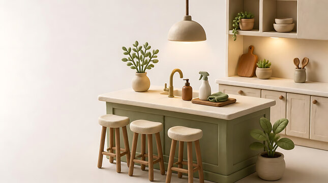 Modern minimalist kitchen island counter in sage green with wooden stools and pendant light for home interior architecture