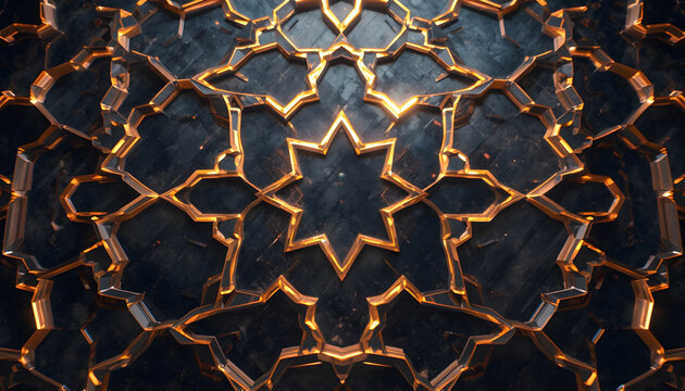 Abstract background featuring intricate geometric islamic pattern with star shapes and golden metal lines embossed on dark textured surface creating luxurious and sophisticated visual art design.