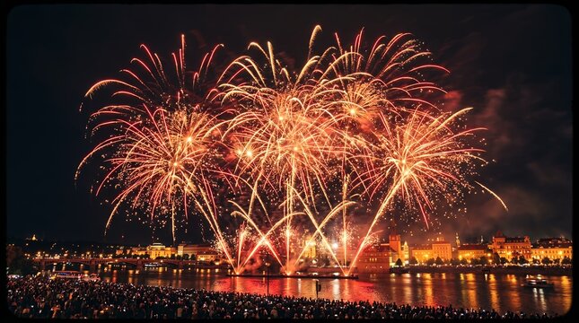 Spectacular Fireworks Display Over City Skyline at Night.