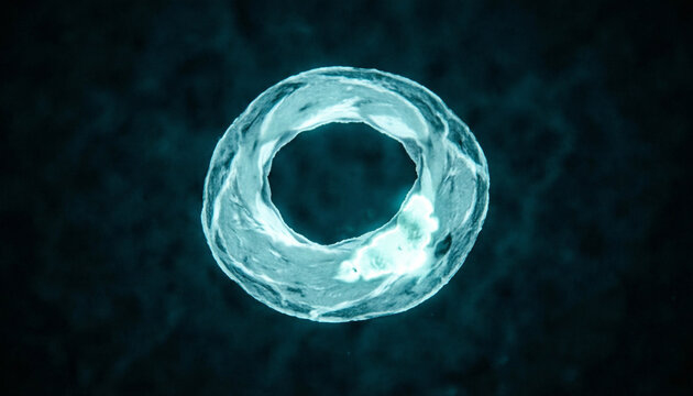 Abstract glowing teal cyan cross-sectional ring visualization representing cardiac MRI T2 tissue mapping, localized bright zone, dark background, clinical macro photography 