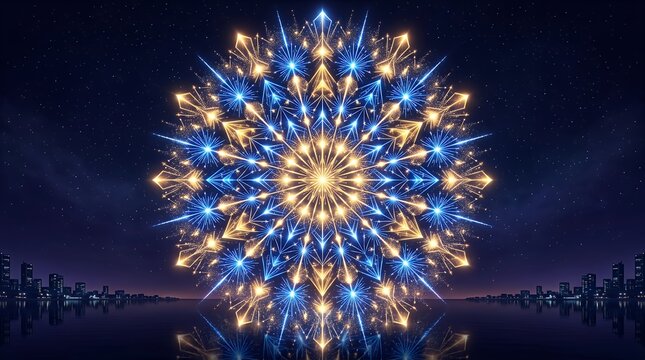 Stunning Blue and Gold Kaleidoscope Fireworks Display Reflected in Water at Night.
