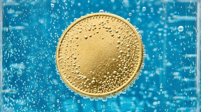 Golden coin submerged in blue sparkling water with rising air bubbles