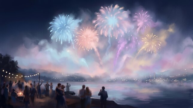 Vibrant Fireworks Display Over a Lake with Silhouetted Spectators Enjoying the Night Sky Celebration.