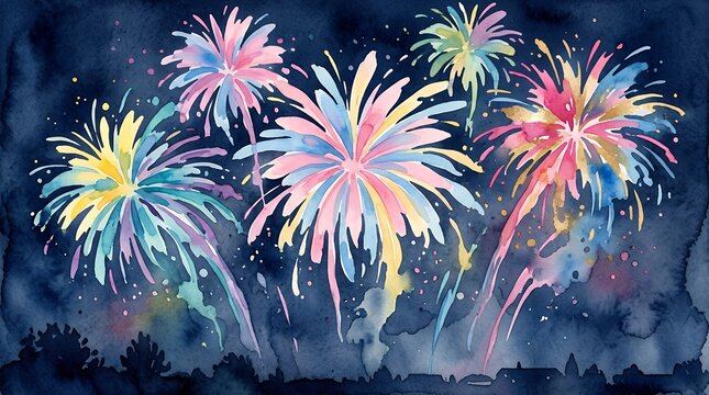 Vibrant Watercolor Fireworks Display Illuminating the Night Sky.