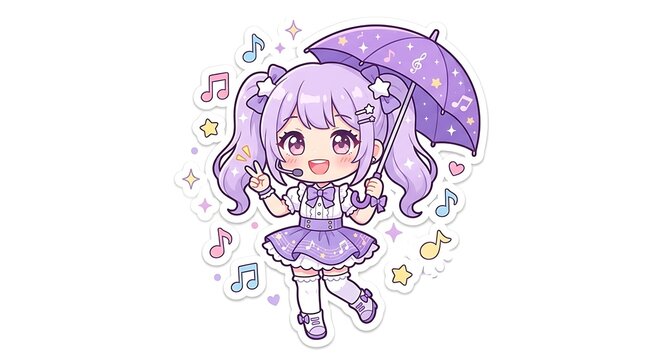 Cute Anime Style Girl with Purple Hair Holding Umbrella