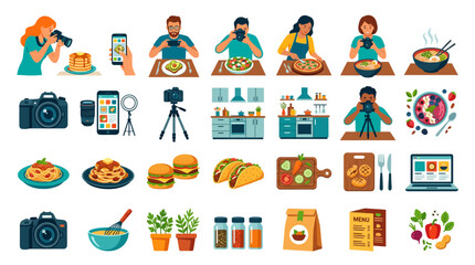 Fototapeta premium Set of food photography icons featuring people taking pictures of meals and various kitchen equipment.