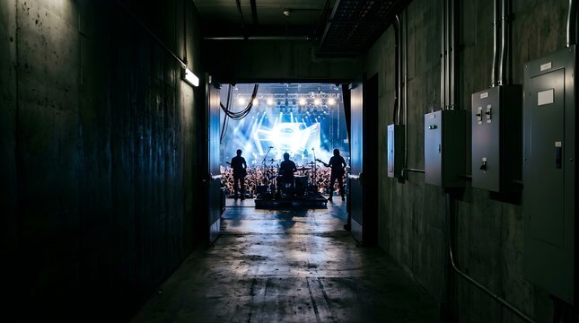 Musicians performing on stage viewed from a dark industrial backstage hallway