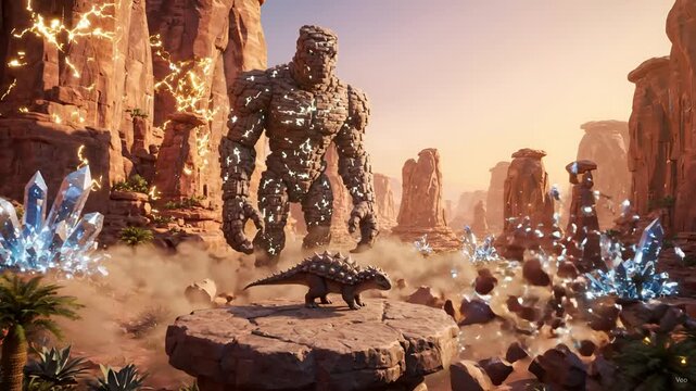 Giant crystal golem meets small prehistoric creature in a desert canyon fantasy landscape