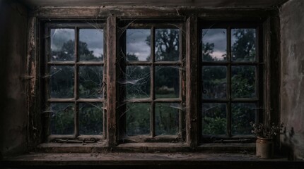 Obraz premium Delicate cobwebs stretched across an old wooden window frame