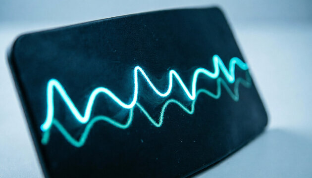 Abstract glowing cyan and teal vital signs waveform display with no readable numbers, dark curved surface, cardiac monitoring concept, clinical macro photography 