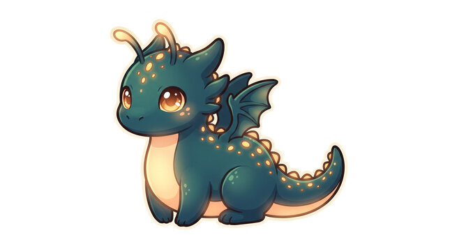Adorable baby dragon illustration, cute teal fantasy creature with glowing spots, whimsical mythical animal character on white background
