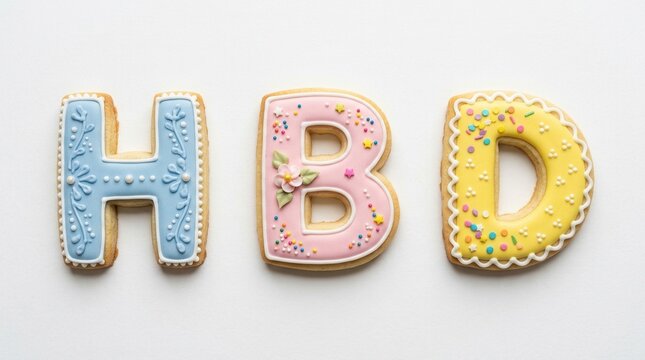 Hand-decorated cookies spelling HBD, perfect for birthdays and celebrations. Featuring blue, pink, and yellow icing with sprinkles and floral details.