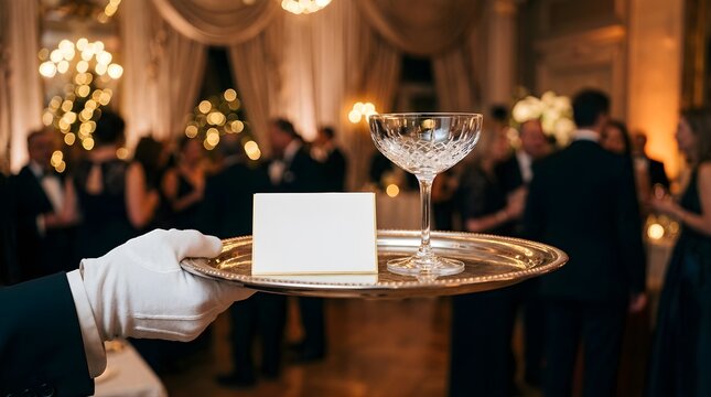 Waiter hand holding silver tray with crystal glass and blank card
