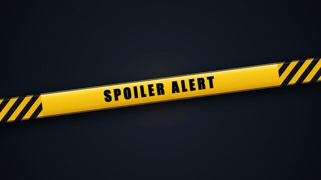 Spoiler alert warning tape moving on dark background. 4K Video