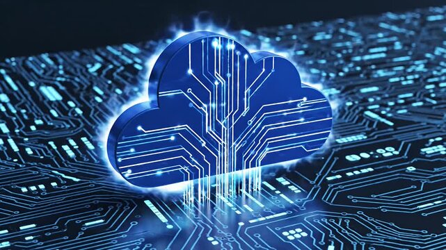 3D blue cloud storage icon on motherboard circuit board.