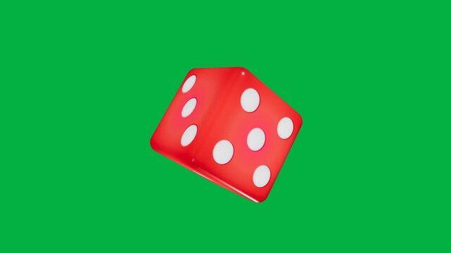 Red dice rotating and tumbling on green screen. 4K Video