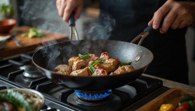 A man cooks flavorful Thai basil pork (Pad Krapow) in a smoking wok on a gas stove in a home kitchen.