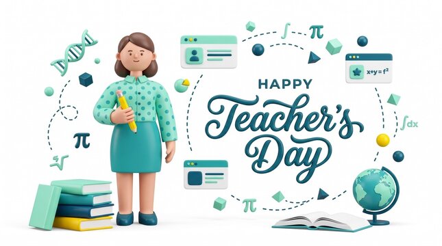 3d teacher character holding a pencil next to books and educational symbols for celebration with floating educational icons text celebrating special character stands beside professional educator