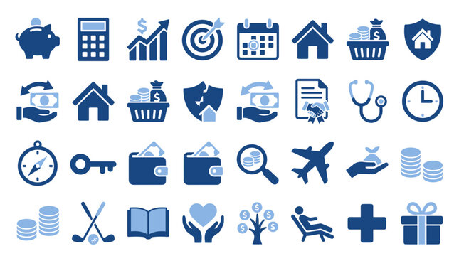 Set of blue financial and lifestyle icons for business planning and personal finance management isolated on white