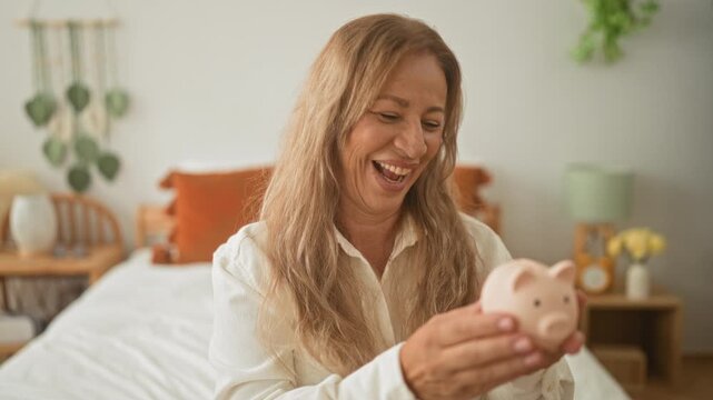 Woman smiling holds pink piggy bank with hands on bed in bedroom building, showing gentle grip and relaxed posture; savings contentment security.