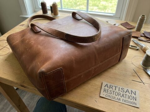 repaired leather bag without branding Brown leather bag on wooden table with sewing tools and spools in background