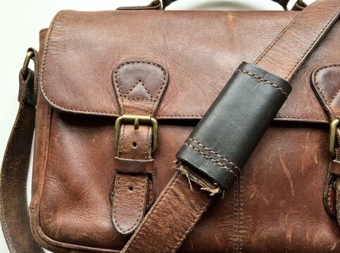 repaired leather bag without branding Brown leather satchel bag with front buckle and adjustable shoulder strap