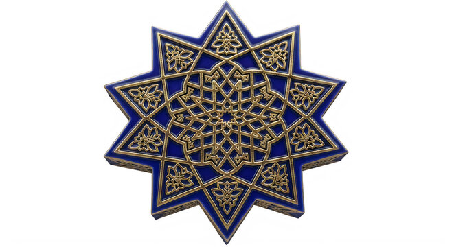 Ten pointed star ornate design, gold and blue geometric pattern, for islamic tradition.