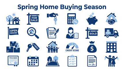 Naklejka premium Spring home buying season icons set featuring real estate symbols for mortgage finance and property investment