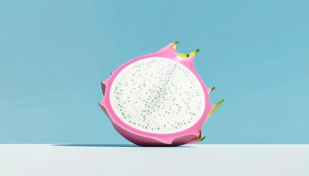 Fresh halved dragon fruit with white flesh on a simple blue background