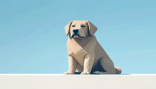 Low Poly Golden Retriever Dog Sitting Peacefully Under a Clear Blue Sky Minimalist 3D Illustration