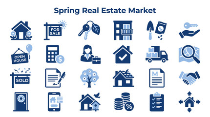 Naklejka premium Set of spring real estate market icons featuring house property mortgage and home buying symbols for professional property business and housing industry