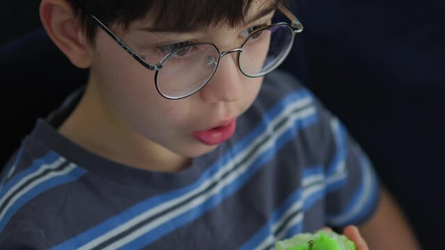 cute young boy with glasses eating a fresh green apple. Healthy childhood nutrition, daily vitamin snack, and casual indoor lifestyle portrait of a kid enjoying organic fruit.